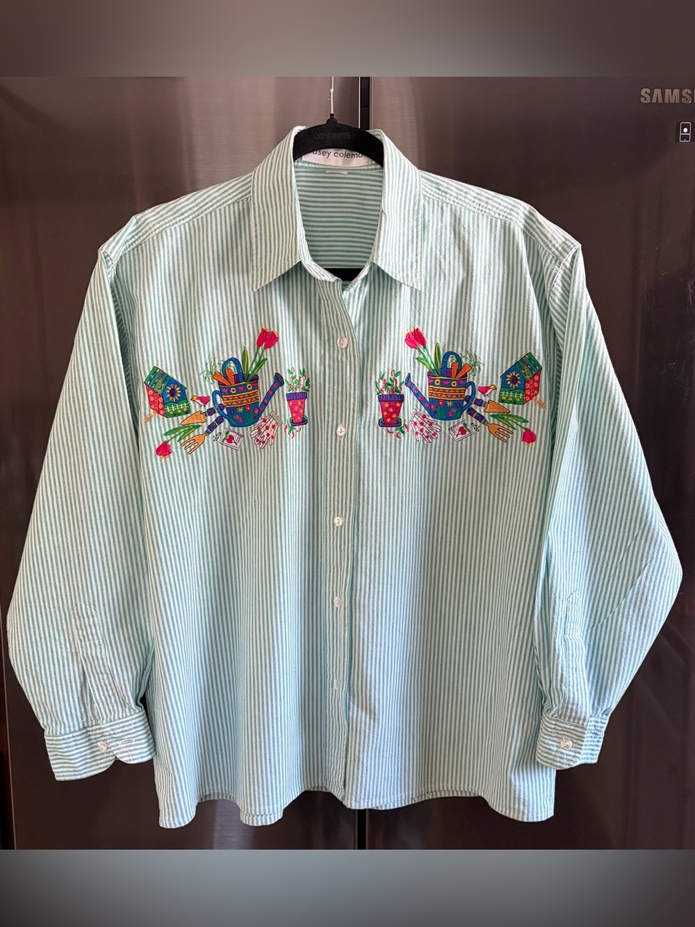 Vintage Striped Embroidered Cottagecore Grandmacore Oxford Shirt EUC Sz XL